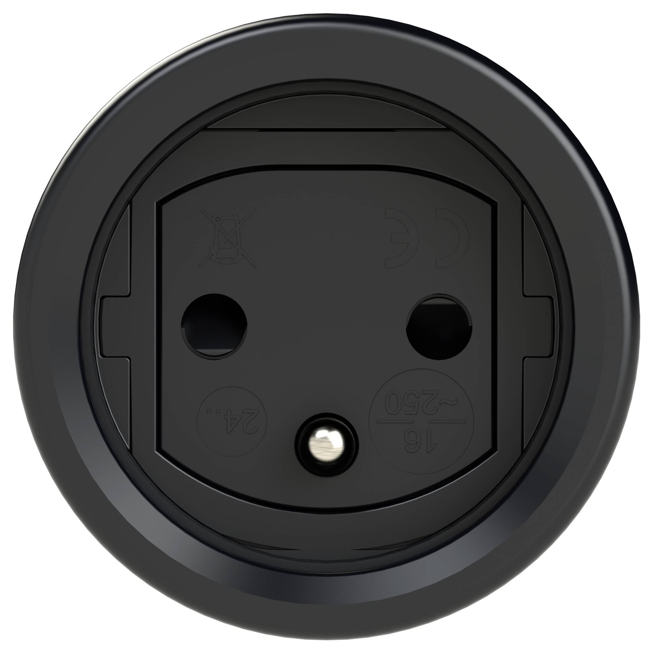 Une prise électrique noire, ronde, avec deux ouvertures et un contact de terre.