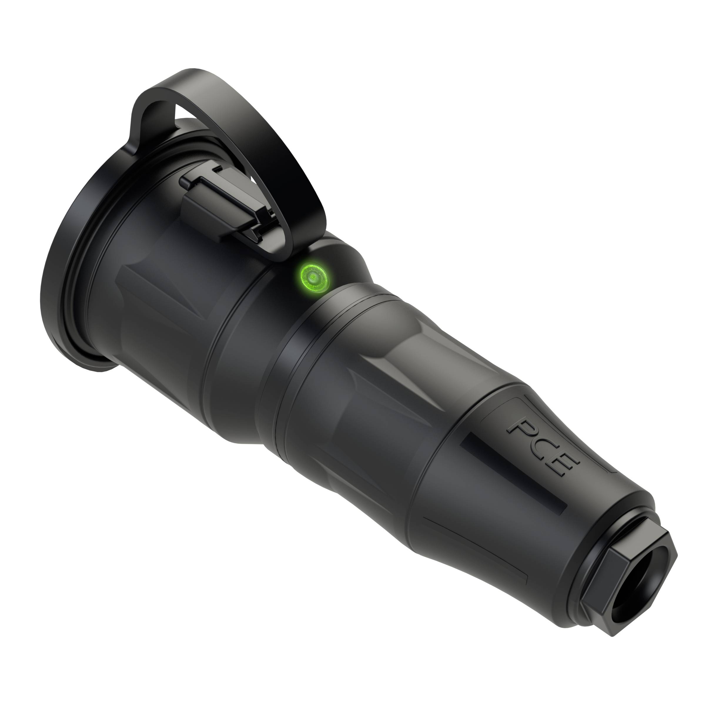 Un adaptateur noir cylindrique avec un indicateur lumineux vert et une poignée noire sur le côté.