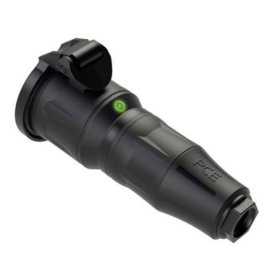 Un adaptateur noir cylindrique avec une lumière verte et des lettres imprimées 'PCm', probablement un composant électrique.