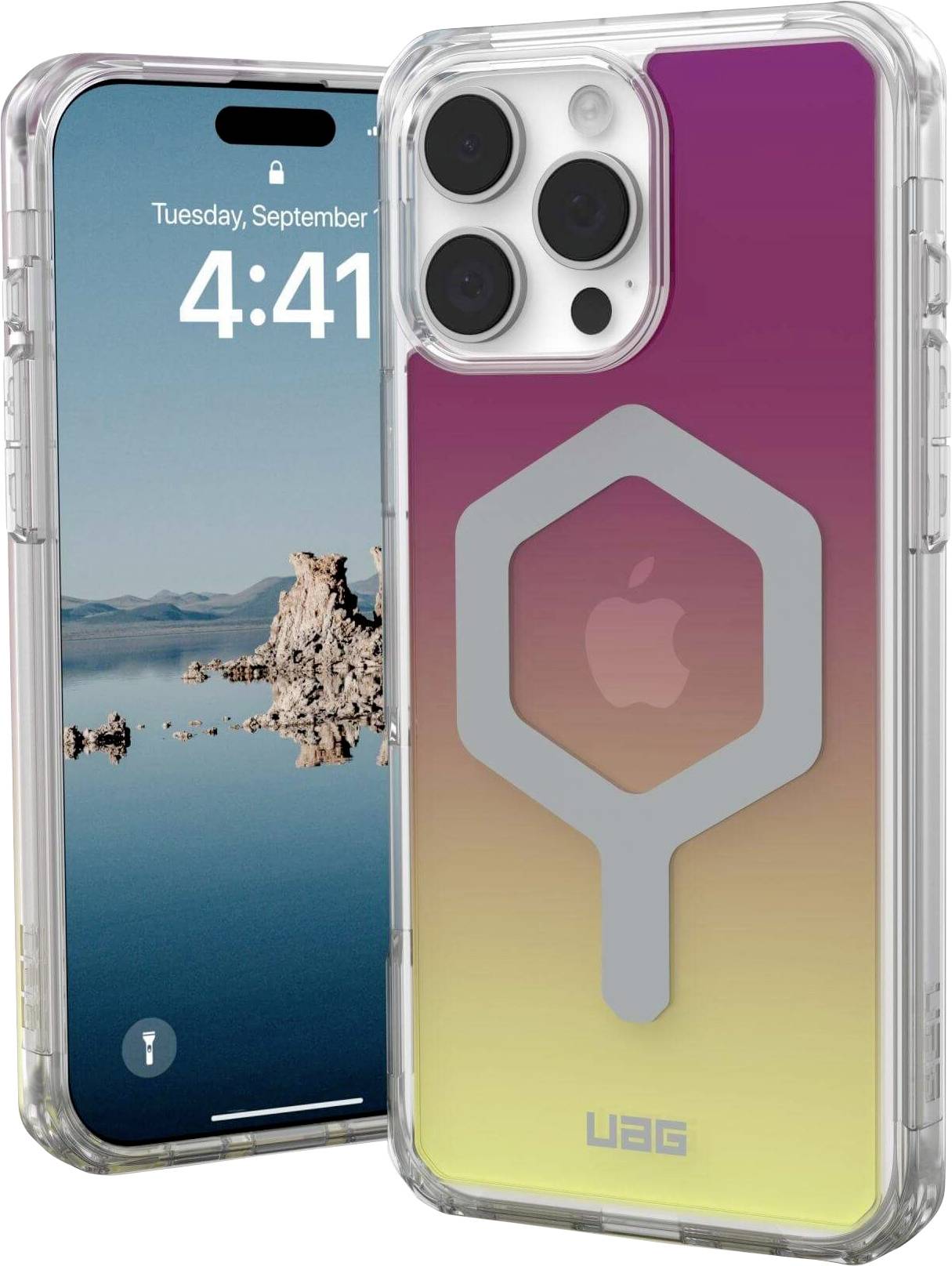 Un smartphone avec un boîtier coloré et résistant aux chocs, doté d'objectifs de caméra à l'arrière ; l'écran affiche la date 'Mardi, 4:41'.