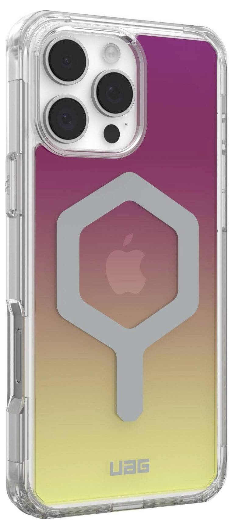 Étui de protection pour smartphone avec un design dégradé rose-jaune et un boîtier transparent.