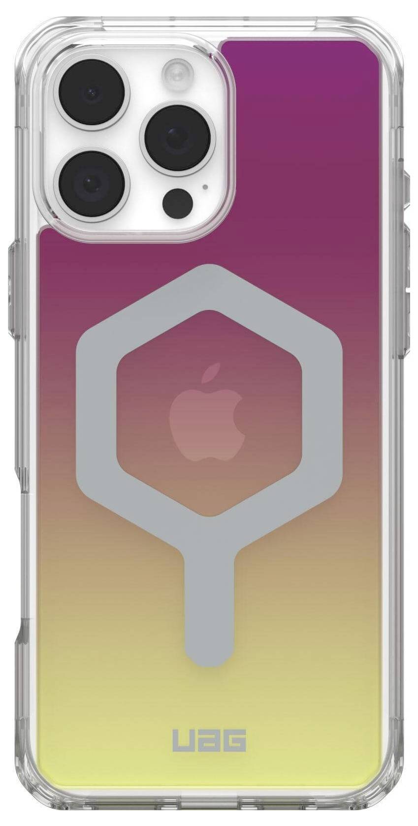 Coque de smartphone transparente avec dégradé du rose au jaune, logo au centre, protège des chocs.