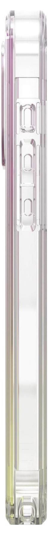 Étui de smartphone transparent avec un dégradé rose et jaune aux coins, vu de côté.