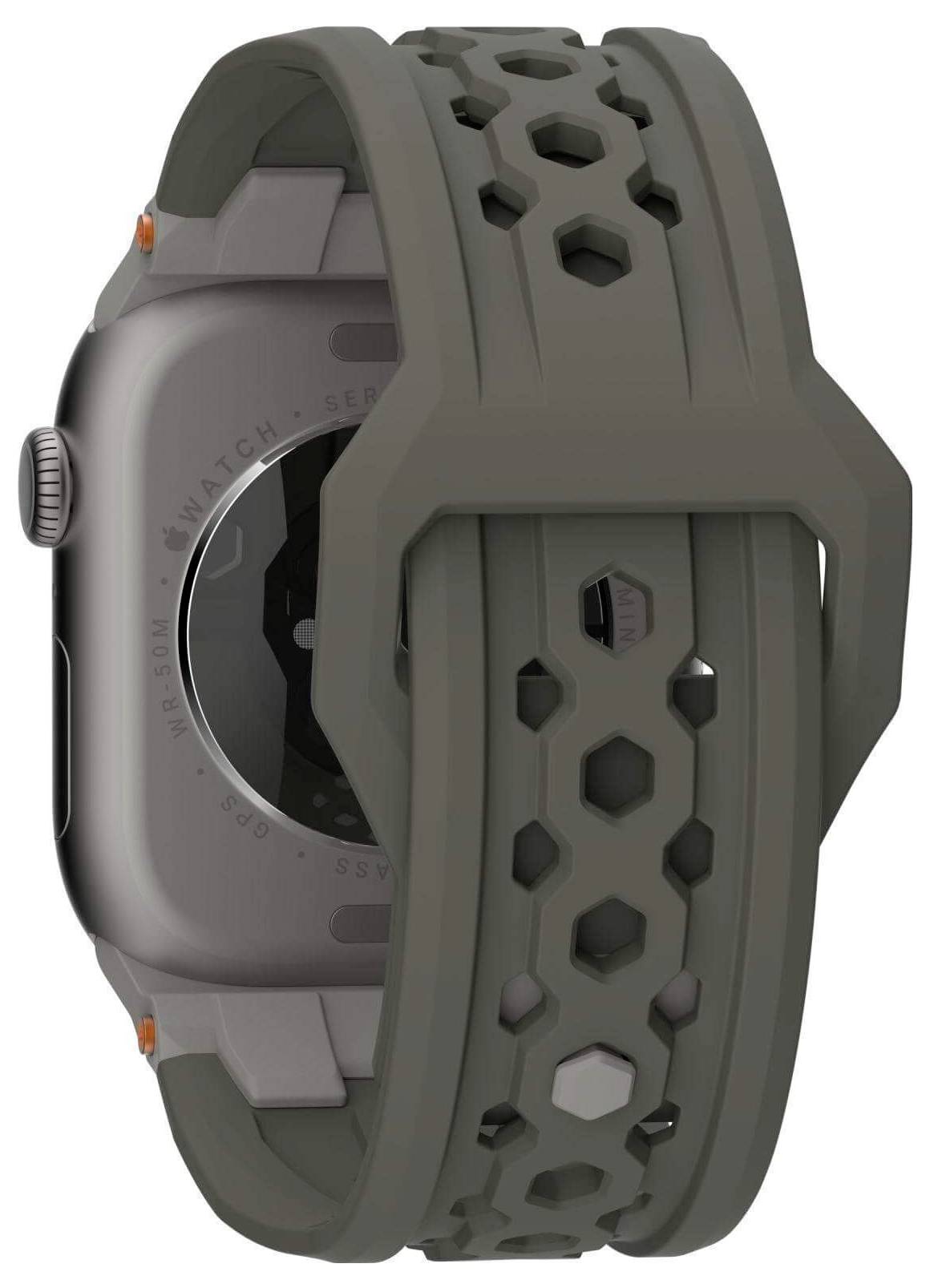 Vue d'une montre intelligente grise avec un bracelet perforé. Elle est positionnée à l'envers, de sorte que l'arrière est visible.