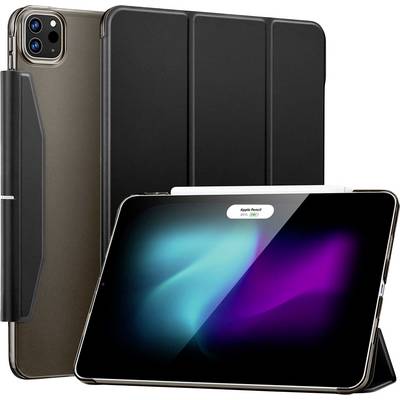 Un plateau noir avec une pochette et un stylo au premier plan. L'écran affiche un jeu de couleurs lumineux et brumeux en bleu et violet.