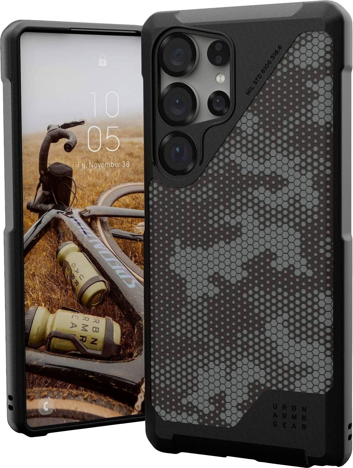 Smartphone dans un étui robuste au motif alvéolé ; l'écran affiche l'heure 10:05 et la date vendredi 18 novembre. L'image de fond représente un vélo.