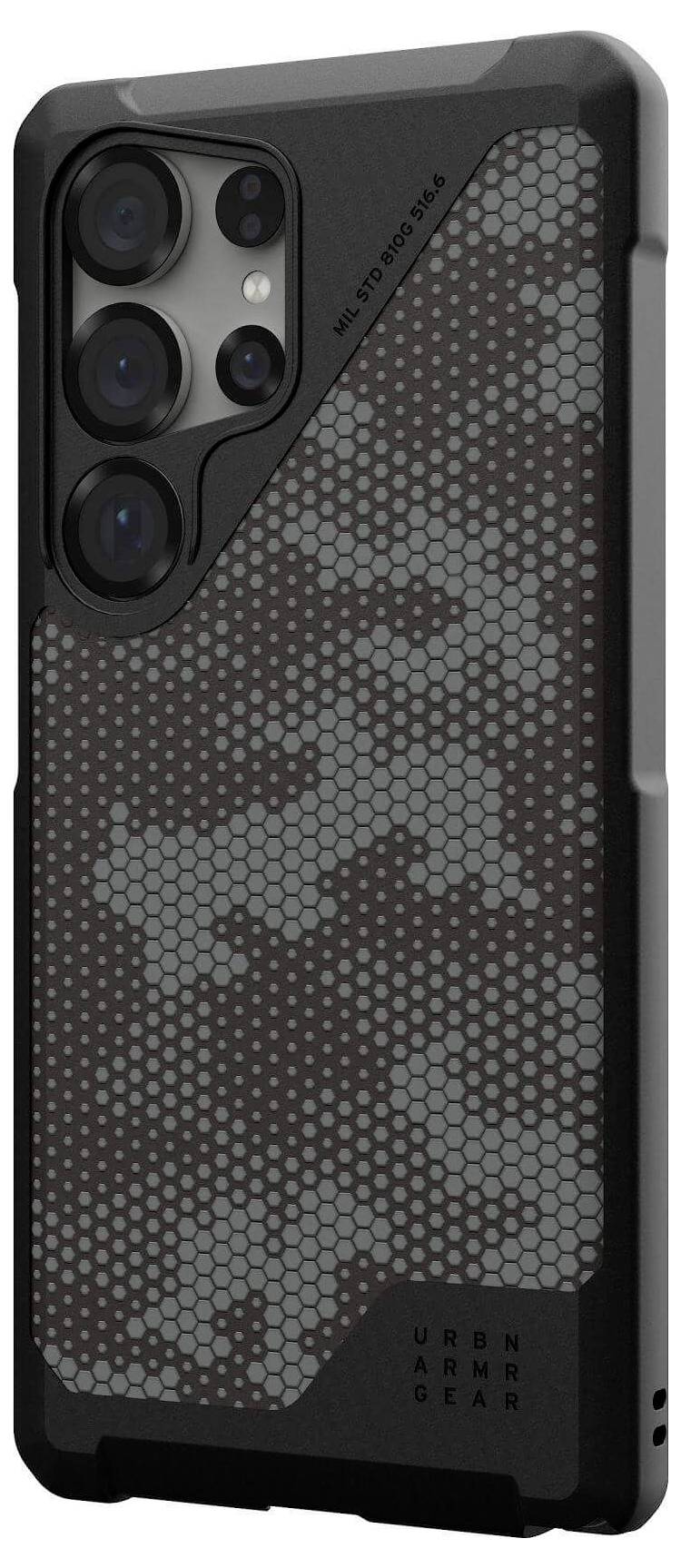 Étui noir pour téléphone avec motif hexagonal et grand découpage pour appareil photo. Texte 'Urban Armor Gear' en bas à droite au dos de l'étui.