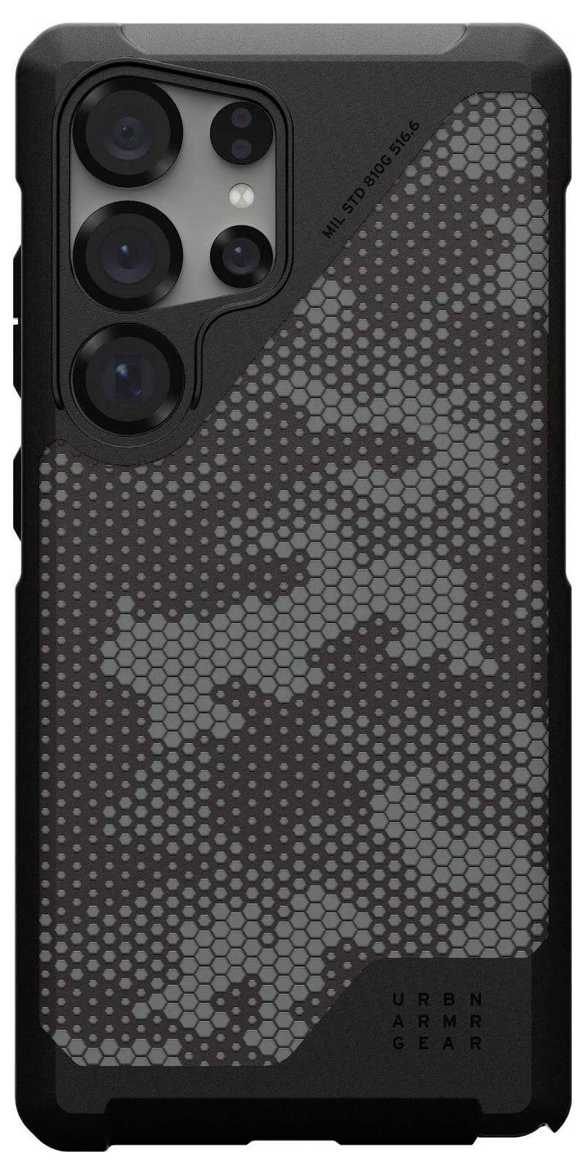 Étui de téléphone noir avec un motif gris en nid d'abeille et de grands découpes pour l'appareil photo, conçu de manière robuste et protectrice.