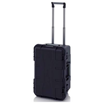 Valise rigide noire à coque dure avec poignée télescopique et roulettes, adaptée aux voyages ou au transport d'objets fragiles.