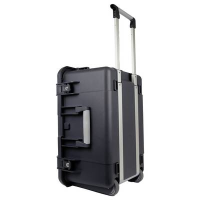 Valise à roulettes noire avec poignée télescopique argentée et design robuste, adaptée aux voyages ou au transport d'équipement.