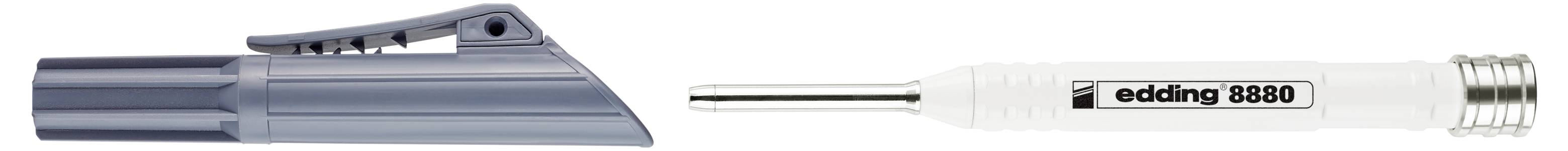 Deux stylos présentés côte à côte : un stylo à capuchon gris sur la gauche et un stylo Edding 8880 blanc avec une pointe métallique sur la droite.