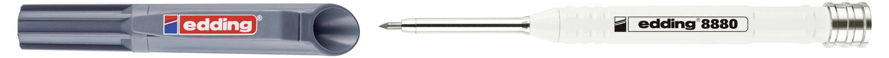 Deux stylos techniques sont présentés : un stylo edding gris foncé avec capuchon et un stylo edding 8880 blanc sans capuchon avec une pointe métallique.
