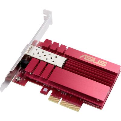 Carte réseau ASUS rouge avec dissipateur thermique et connecteur PCI-Express. Adaptée aux transferts de données à haute vitesse dans les ordinateurs.