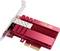 Carte réseau ASUS rouge avec dissipateur thermique et connecteur PCI-Express. Adaptée aux transferts de données à haute vitesse dans les ordinateurs.
