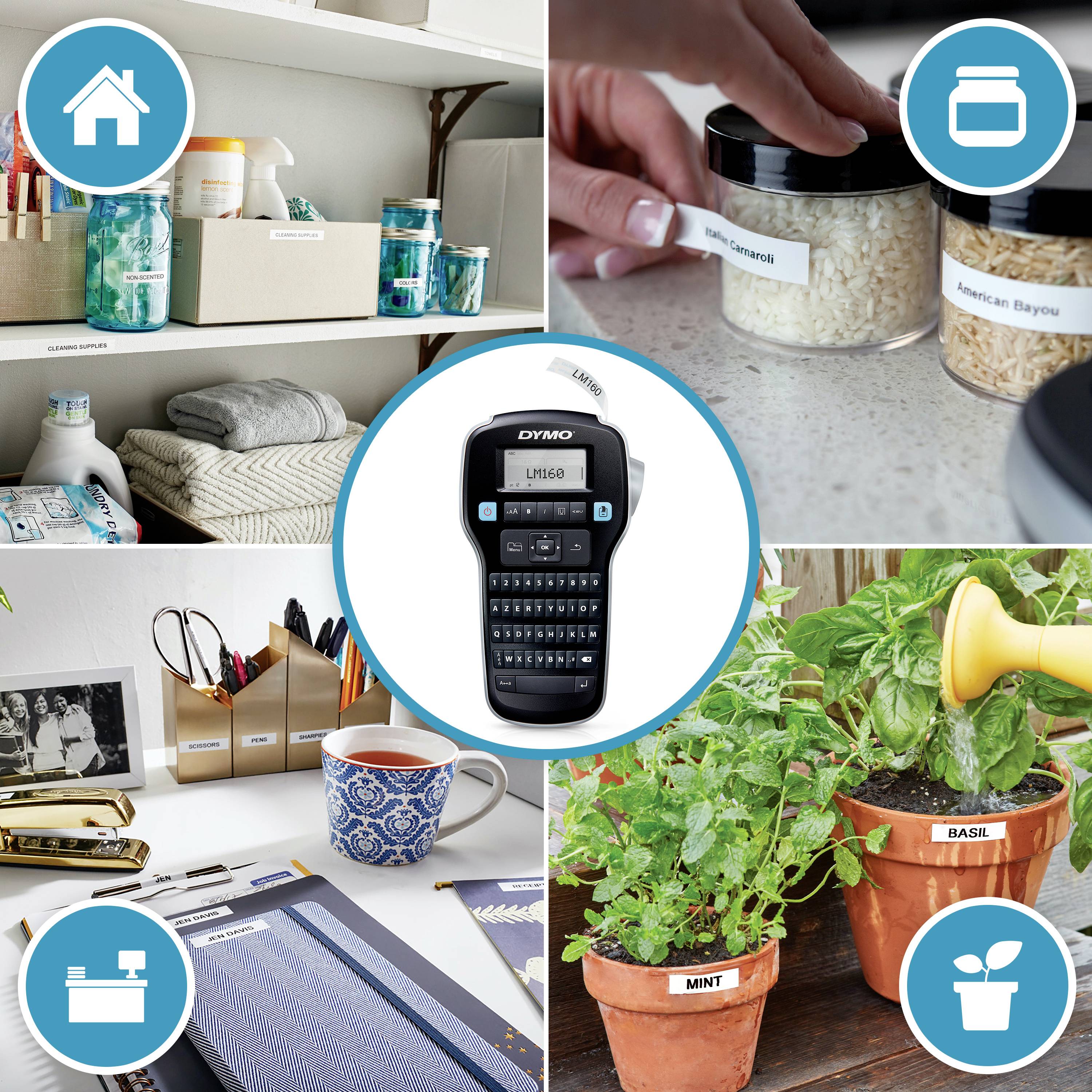 Différentes applications d'une imprimante d'étiquettes : bocaux de provisions, étagères, étiquettes de plantes ; image centrale de l'appareil.