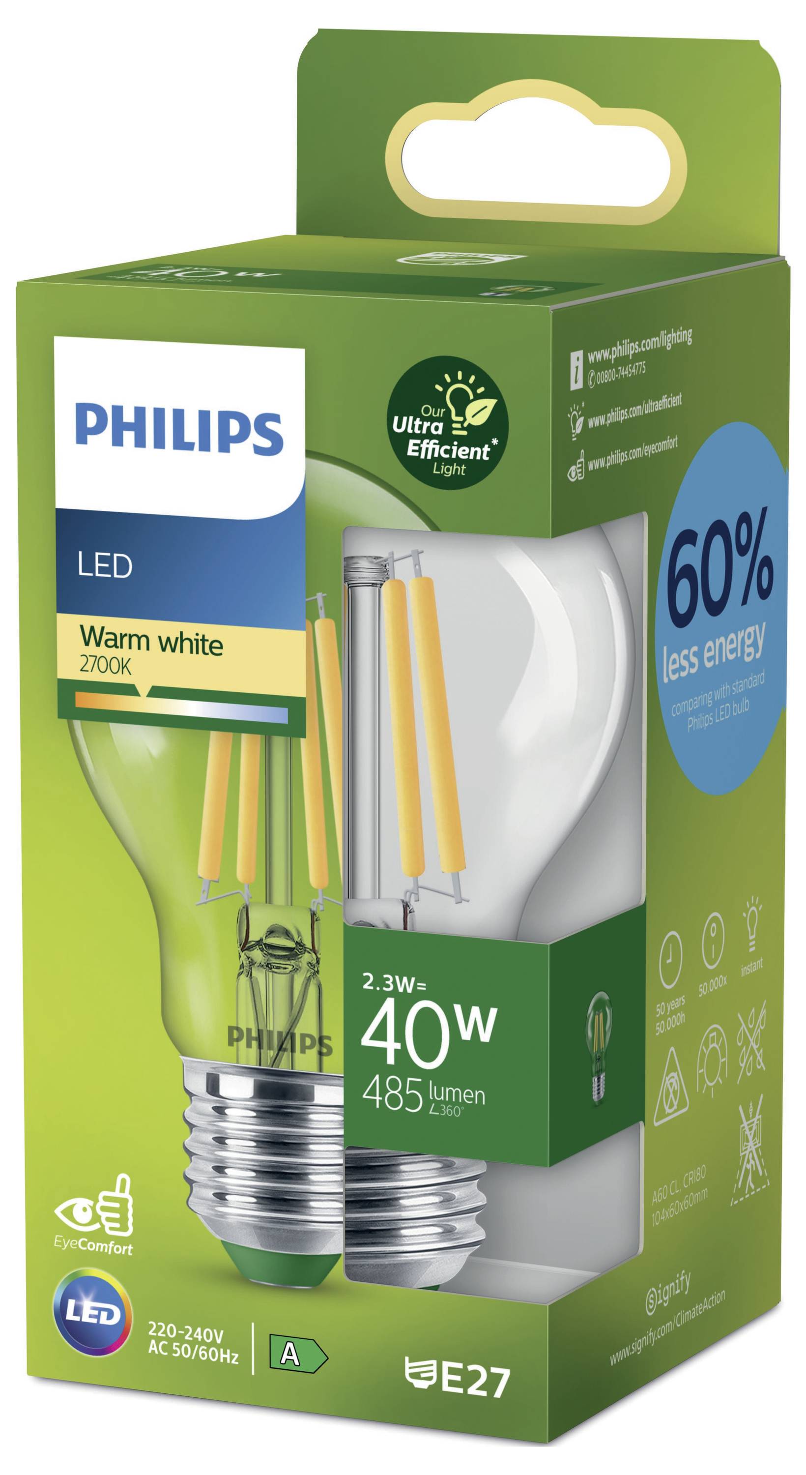 Voici la traduction en français :<br><br>« Lampe LED Philips, blanc chaud 2700K, 2,3W, équivalent 40W, 485 lumens, E27, économie d'énergie de 60% » sur l'emballage.