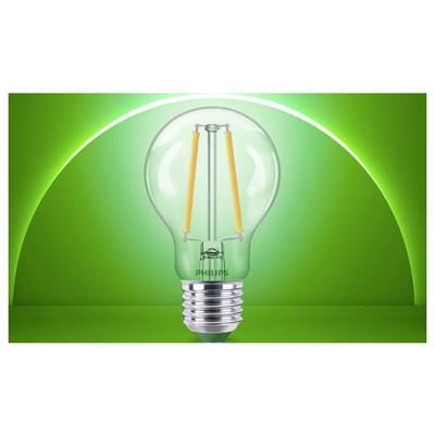 Une ampoule Philips transparente centrée sur un fond vert vif, présentée comme une image produit.