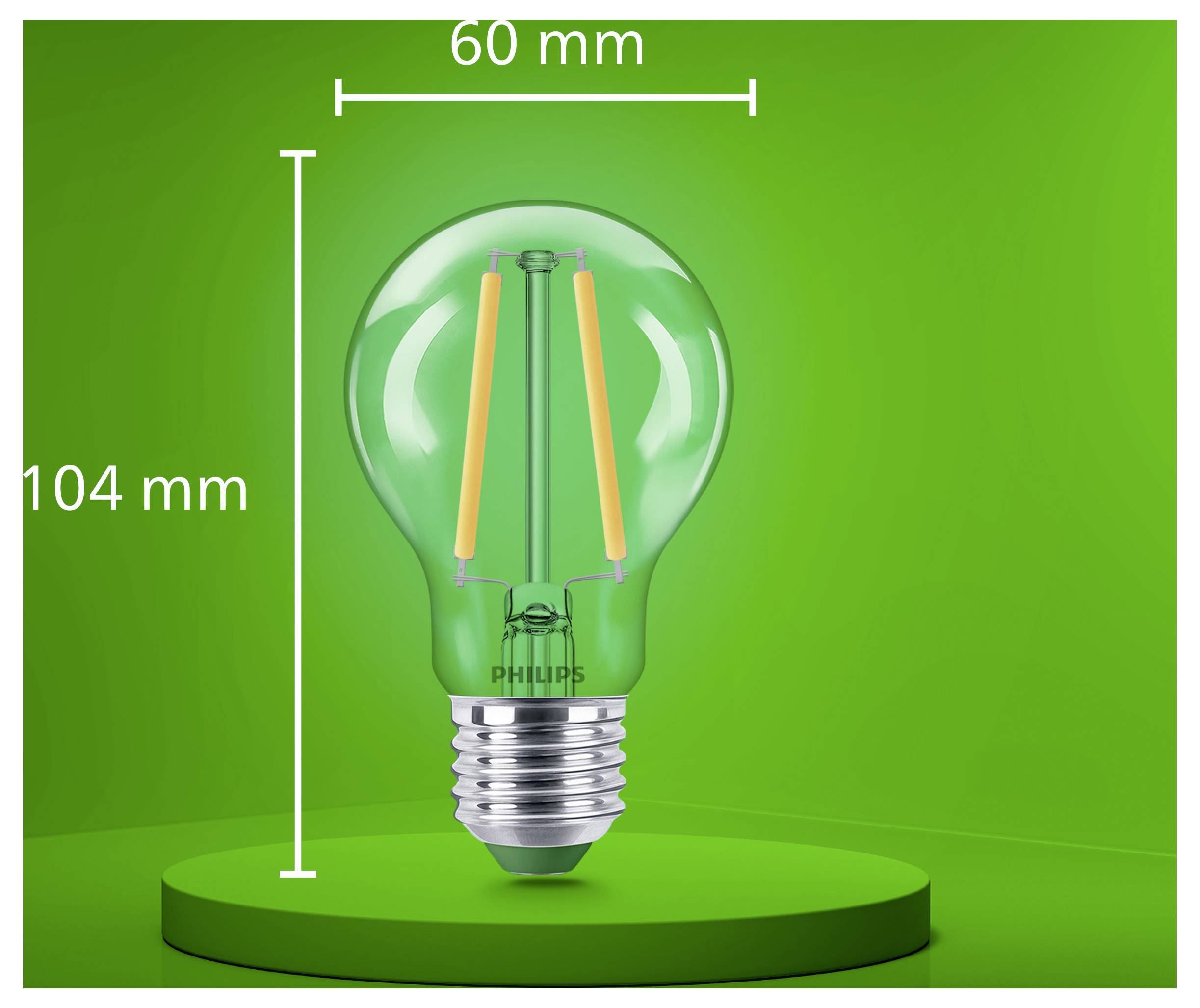 Ampoule LED Philips verte présentée en vue de face avec dimensions indiquées : 104 mm de hauteur et 60 mm de largeur.