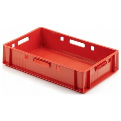 Boîte en plastique rouge de forme rectangulaire, avec des parois latérales basses et des ouvertures de préhension sur les côtés courts, sur un fond blanc.
