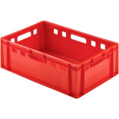 Caisse en plastique rouge, rectangulaire, avec des poignées ouvertes sur les côtés.