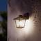 Luminaire extérieur fixé à un mur, diffusant une lumière chaleureuse au crépuscule, avec un arrière-plan légèrement flou de végétation.