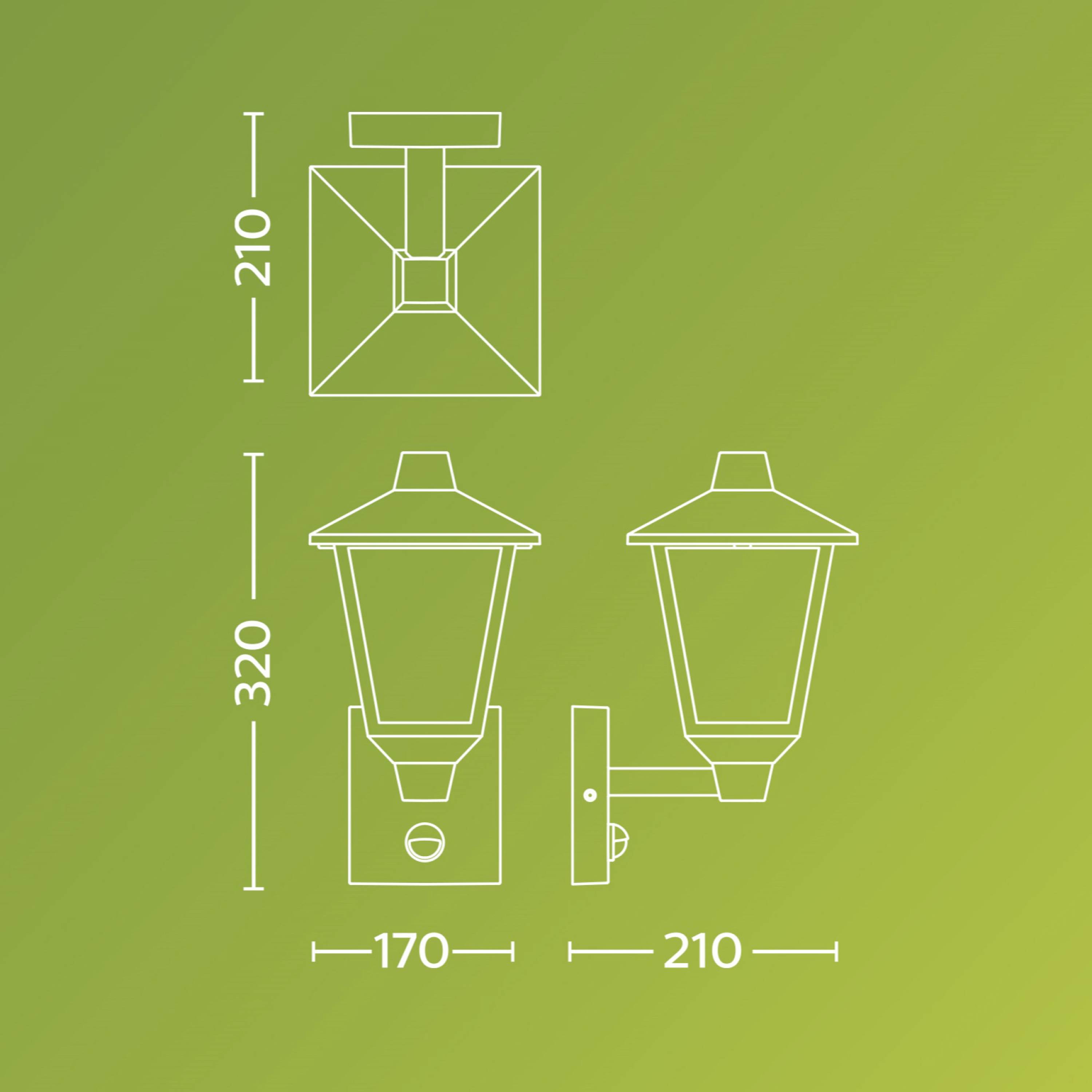 'Dessin technique d'un applique murale ; vue de face, de côté et de dessus avec les dimensions : hauteur 320 mm, largeur 170 mm, profondeur 210 mm.'