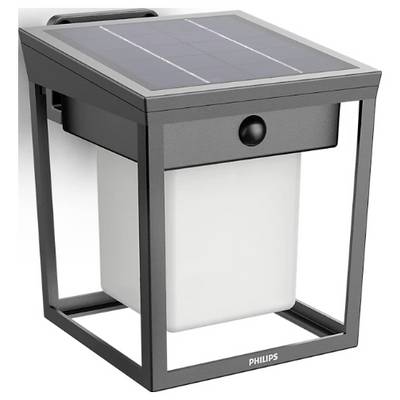 Lanterne solaire avec cadre carré et panneau solaire intégré en haut. En bas, un abat-jour blanc et laiteux portant le nom de la marque.