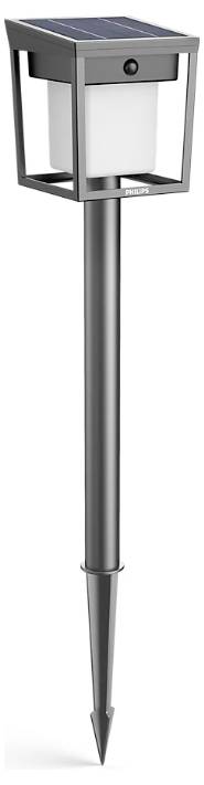 Lampe de jardin avec panneau solaire et piquet de terre. Design rectangulaire, structure métallique argentée, lampe blanche à l'intérieur. Idéale pour les espaces extérieurs.