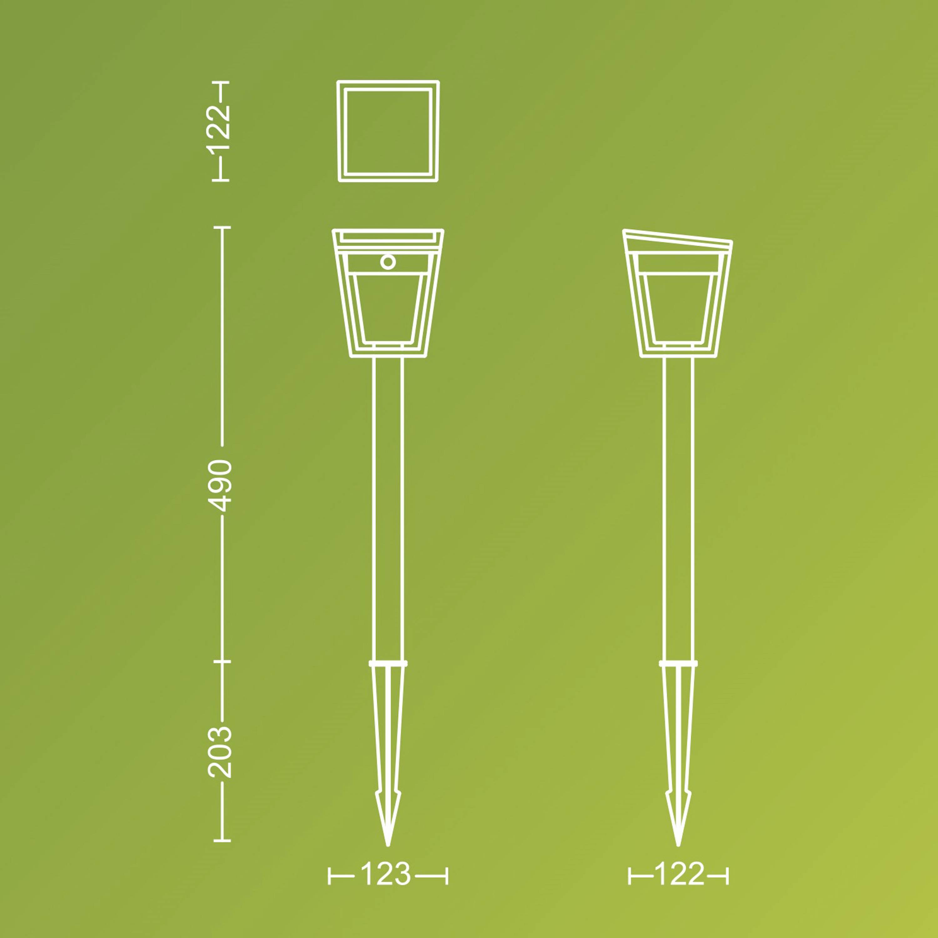 Dessin de deux lampes solaires avec dimensions : hauteur 490, largeur supérieure 123, largeur inférieure 122, distance du sol à la lampe 203.