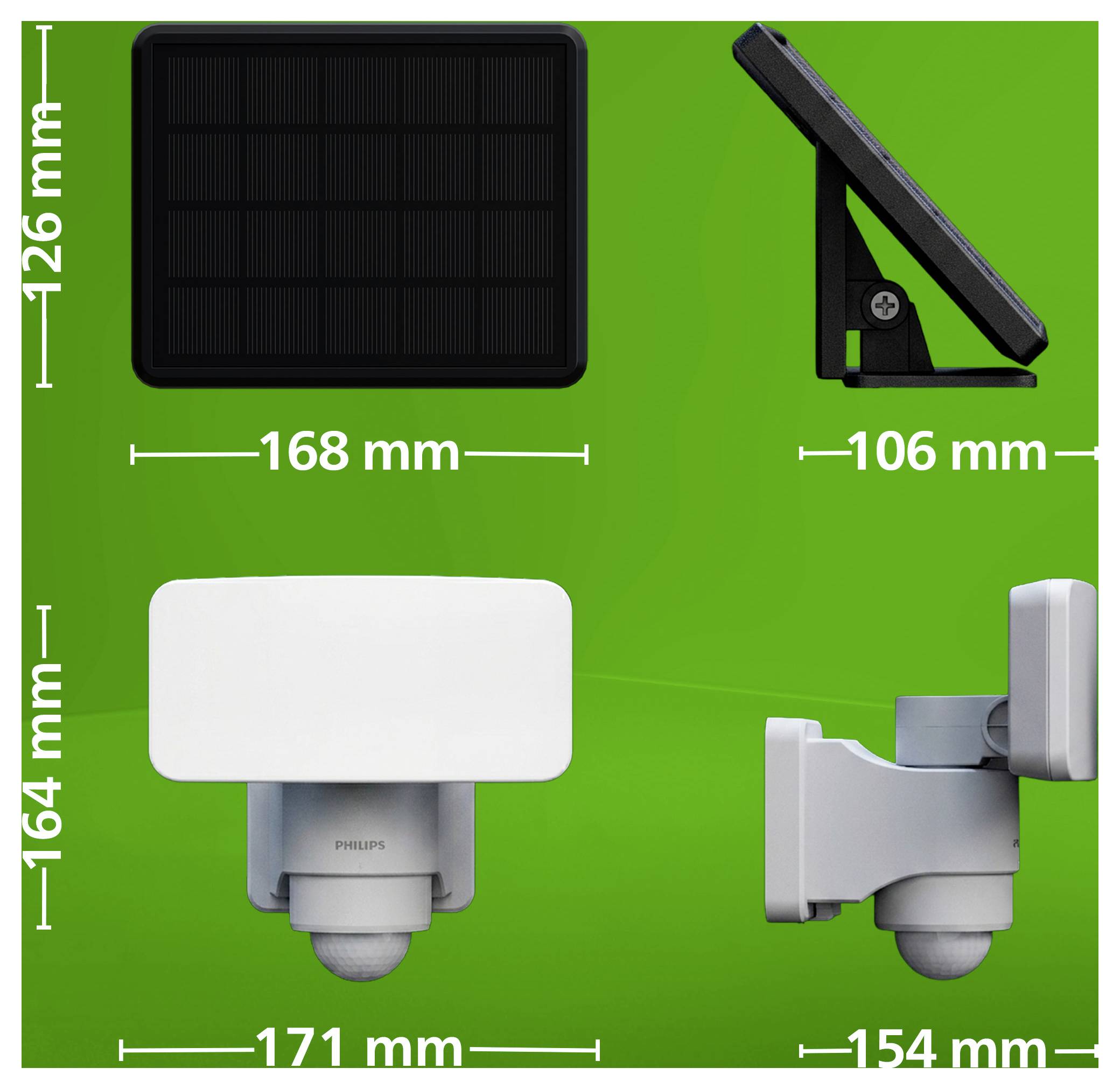 Diagramme des dimensions du produit d'un détecteur de mouvement Philips, montrant les vues de face, de côté et arrière avec les mesures : panneau de 168 x 126 mm, profondeur de 106 mm, et dimensions de l'unité de 171 x 164 mm.