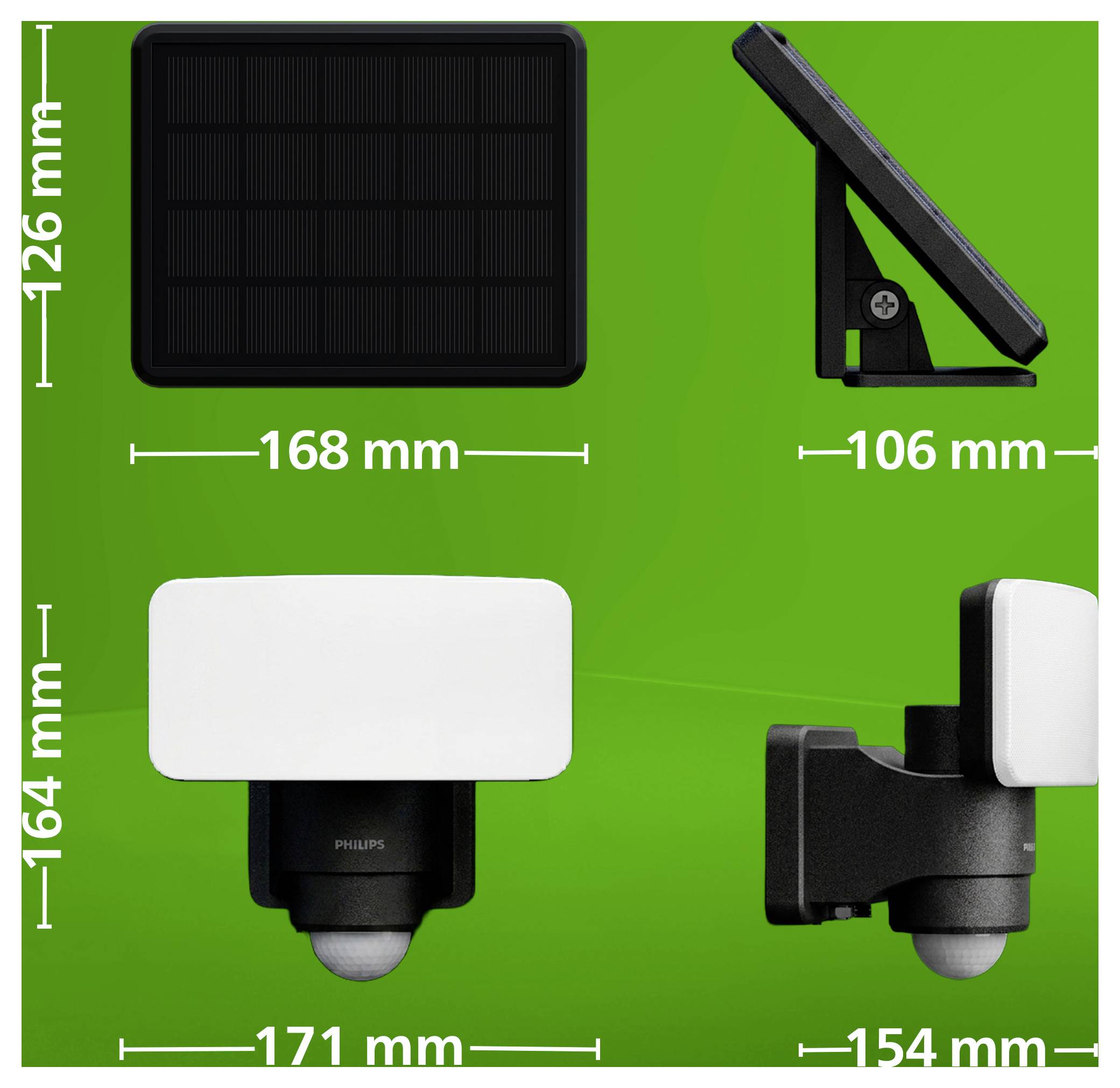Dimensions du produit d'une lampe solaire Philips présentées de face et de profil, avec des mesures de 168 mm de largeur, 106 mm de profondeur, 171 mm de largeur, 154 mm de profondeur et 126 mm/164 mm de hauteur.