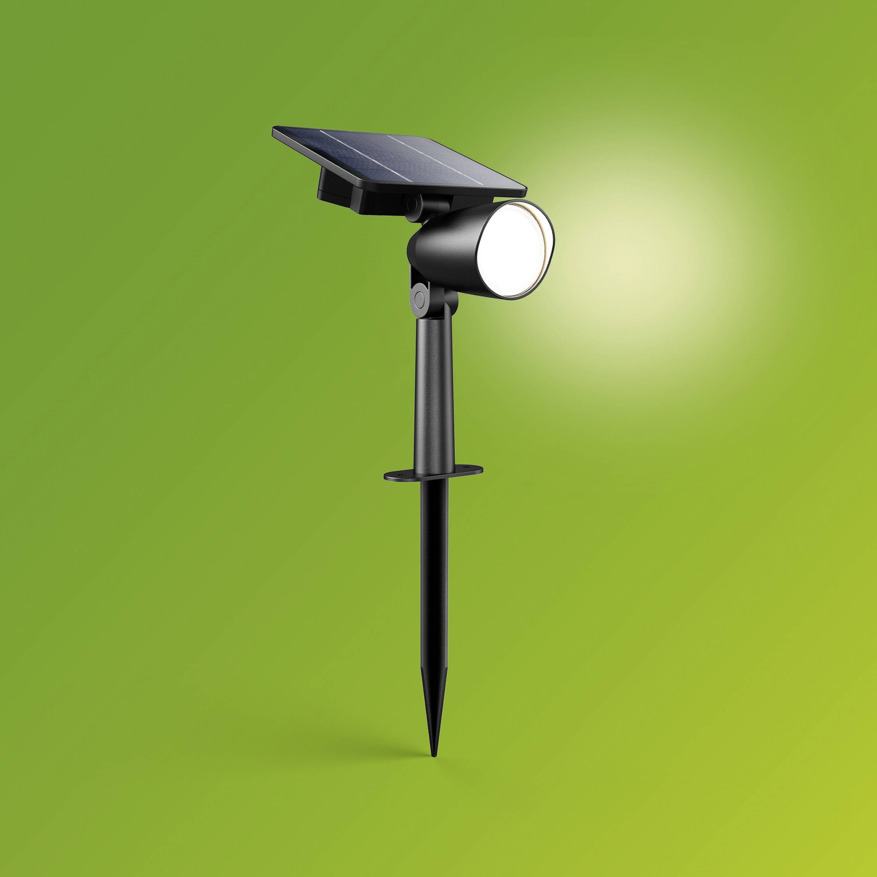 Projecteur de jardin solaire sur fond vert, illuminé et équipé d'un piquet de terre.