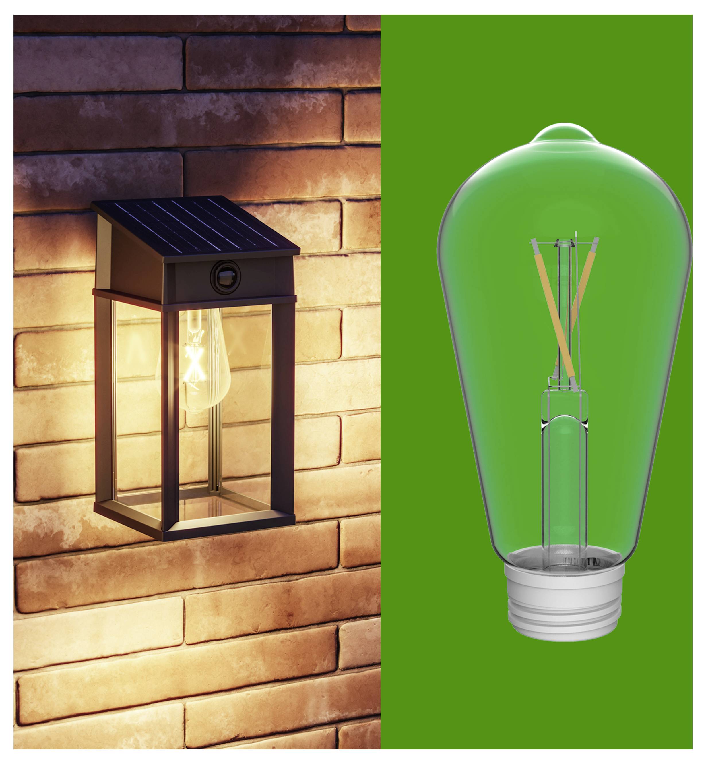 Image divisée : une lanterne murale éclairée sur un mur de briques à côté d'une ampoule LED transparente sur un fond vert.