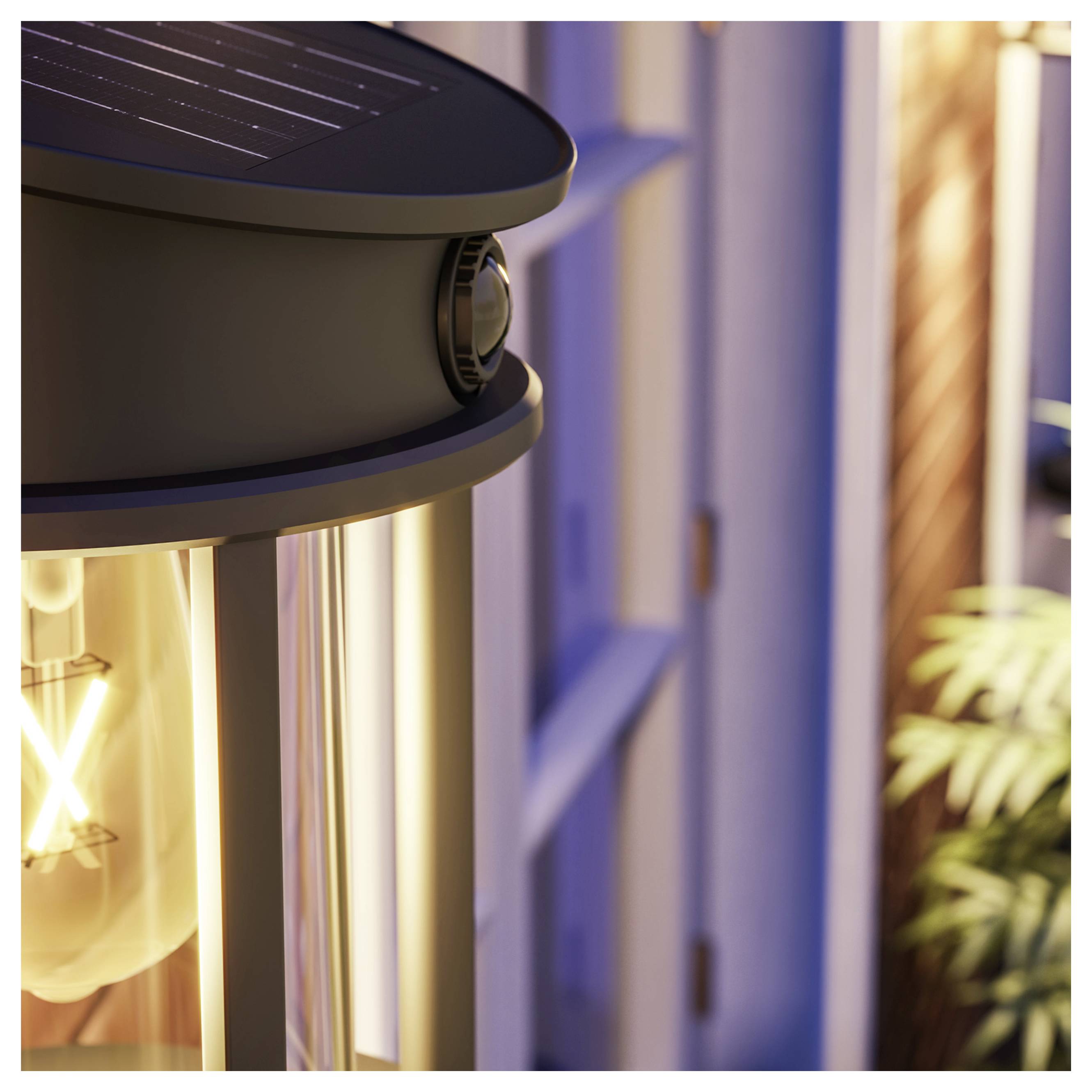 Gros plan d'un chauffage de patio extérieur noir avec une ampoule rougeoyante et une lumière chaleureuse à côté d'une fenêtre et d'une plante.