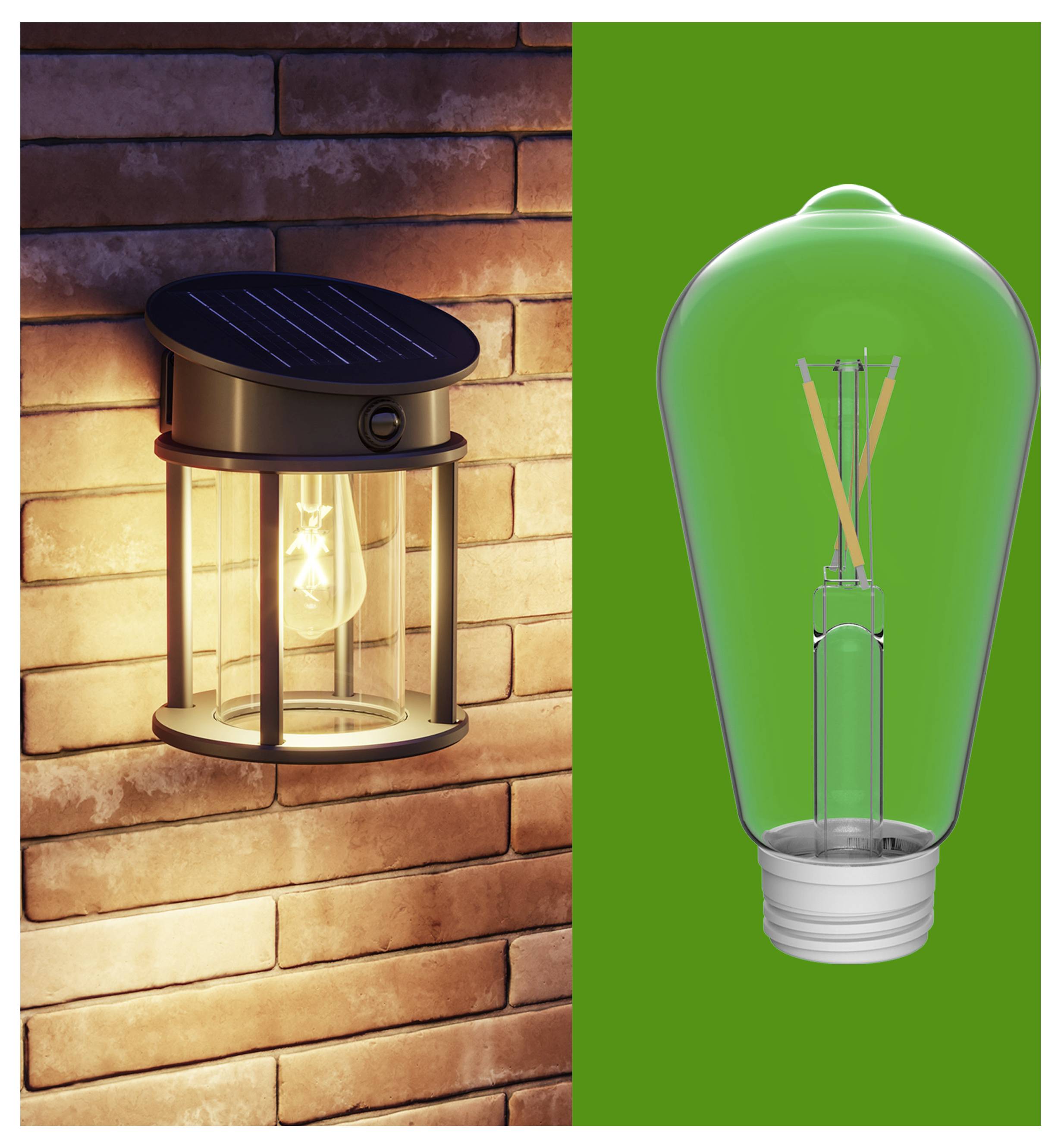 Image divisée montrant une lanterne solaire murale allumée fixée à un mur de briques et une ampoule LED teintée de vert sur un fond vert uni.
