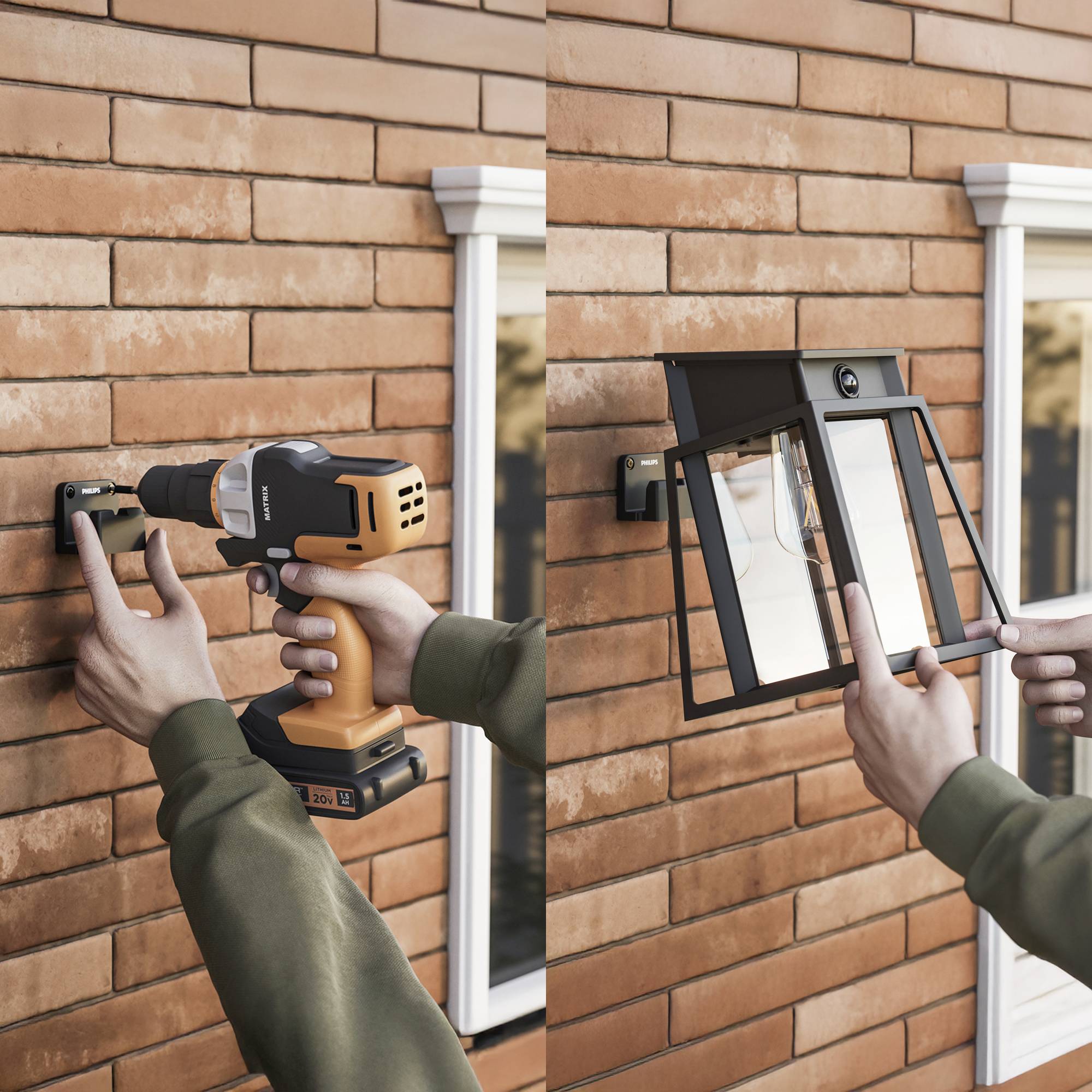 Un homme installe un applique murale noir sur un mur de briques, utilisant une perceuse sans fil. L'image montre la vue avant et après de l'installation.