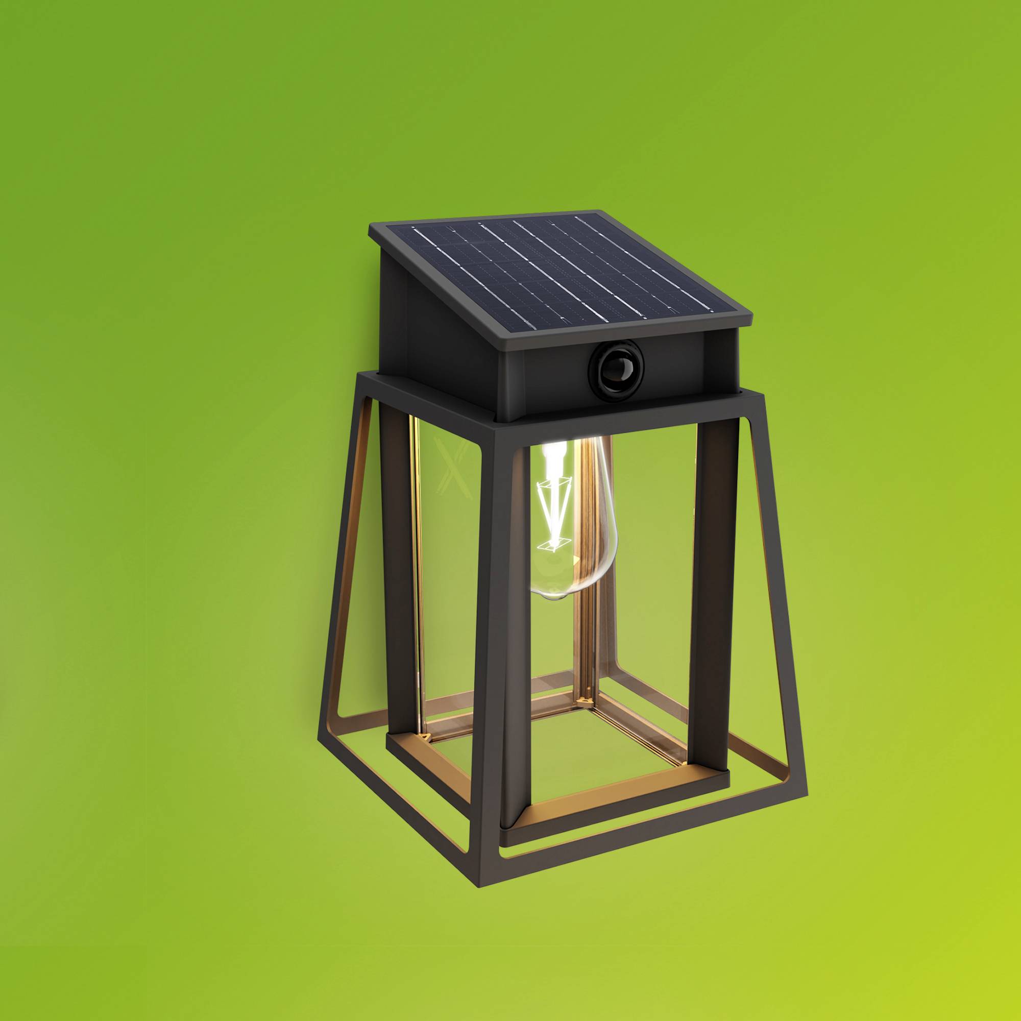 Une lanterne solaire noire avec des parois en verre et une lampe LED est représentée devant un fond vert.