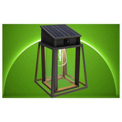 Lanterne alimentée par l'énergie solaire avec un panneau monté sur le toit et une lumière centrale dans un cadre métallique foncé, présentée sur un fond vert.
