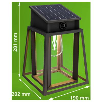 Lanterne alimentée par l'énergie solaire avec lumière intégrée et panneau solaire, présentée sur un fond vert avec des dimensions indiquées de 281 mm de hauteur, 202 mm de profondeur et 190 mm de largeur.