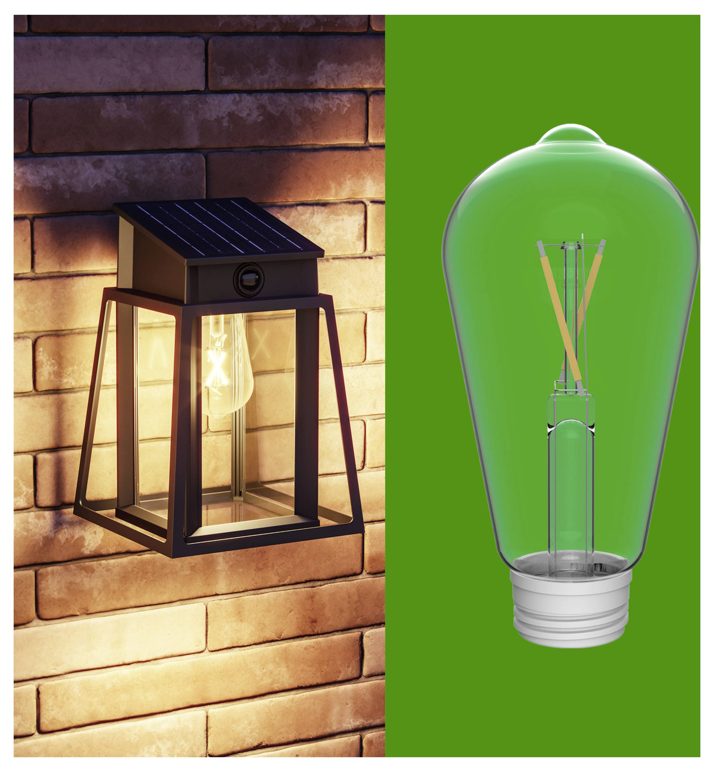Image partagée : à gauche, une lanterne extérieure murale brille contre un mur en brique ; à droite, une ampoule de style LED transparente sur fond vert.
