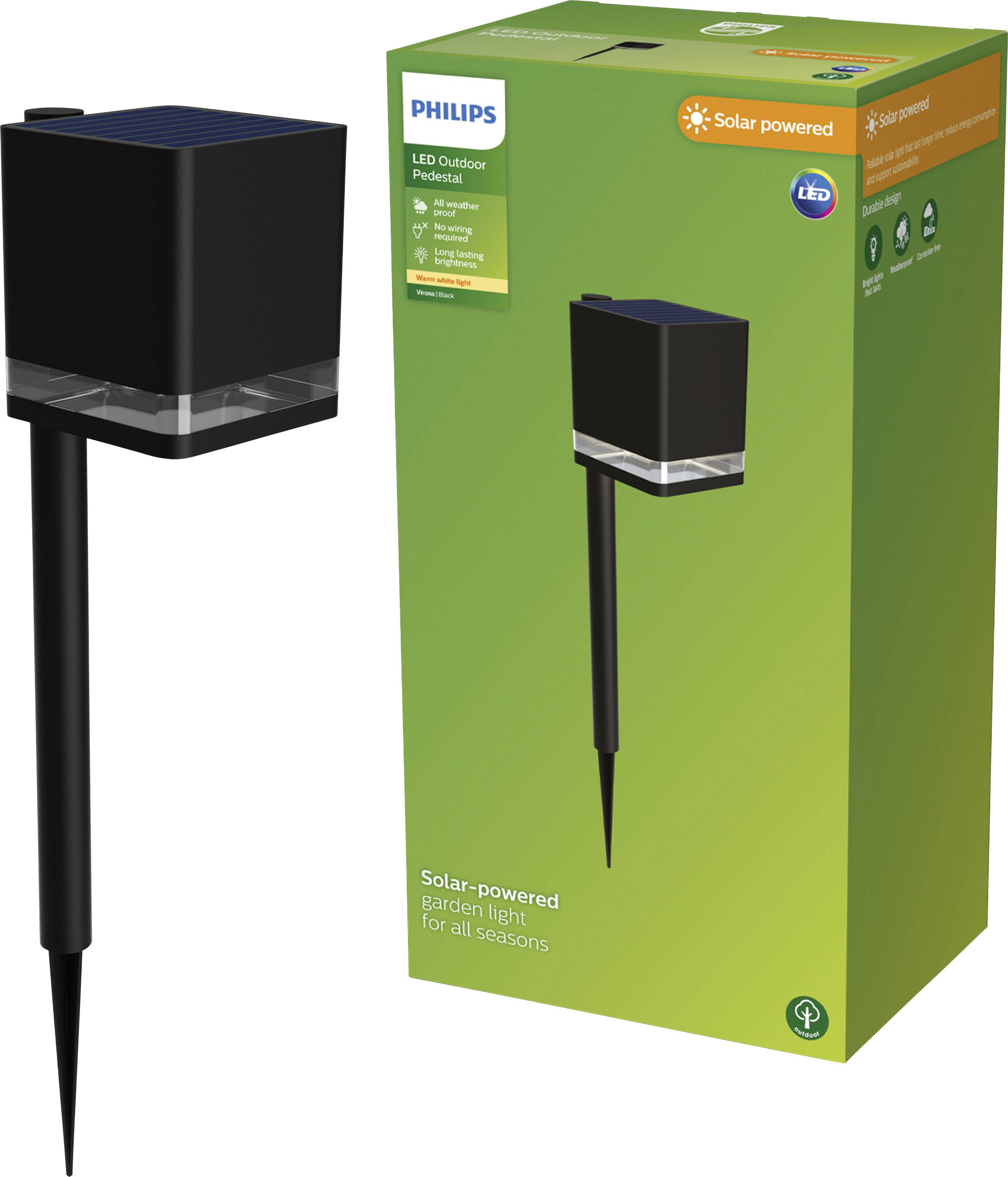 Lampe de jardin solaire Philips avec LED. L'emballage présente la lampe et met en avant son utilisation écologique et indépendante des saisons.