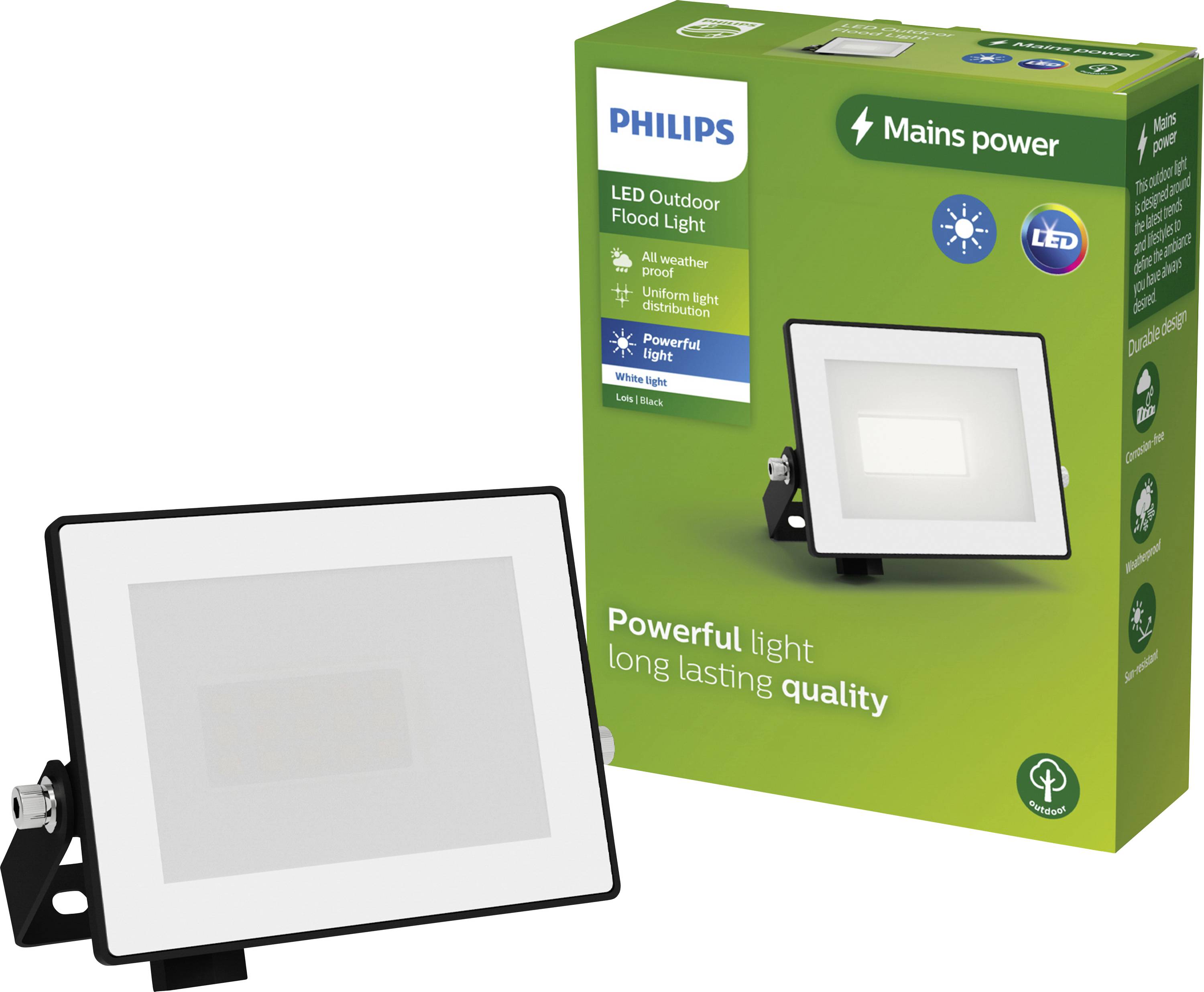 Projecteur LED Philips à boîtier blanc, sur emballage avec fond vert. Texte : « Lumière puissante, qualité durable »