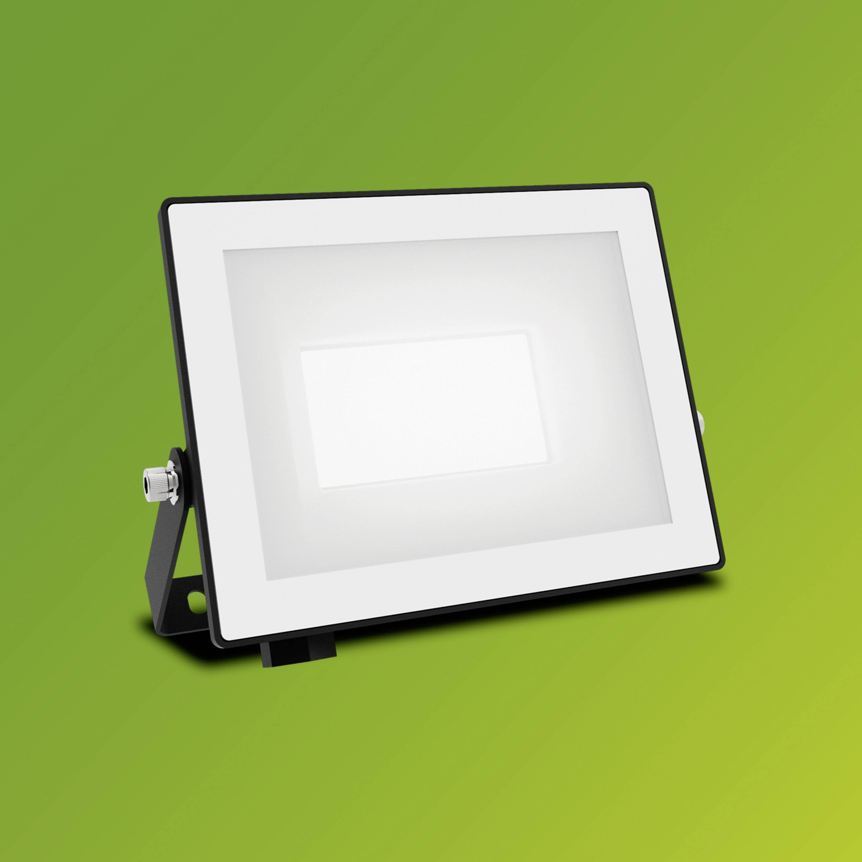 Un projecteur LED rectangulaire avec un cadre blanc et un effet lumineux sur un fond vert.