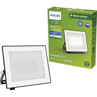 Projecteur LED de Philips avec son emballage en arrière-plan, illustrant le design du produit. L'emballage met en avant 'Une lumière puissante, une qualité durable'.