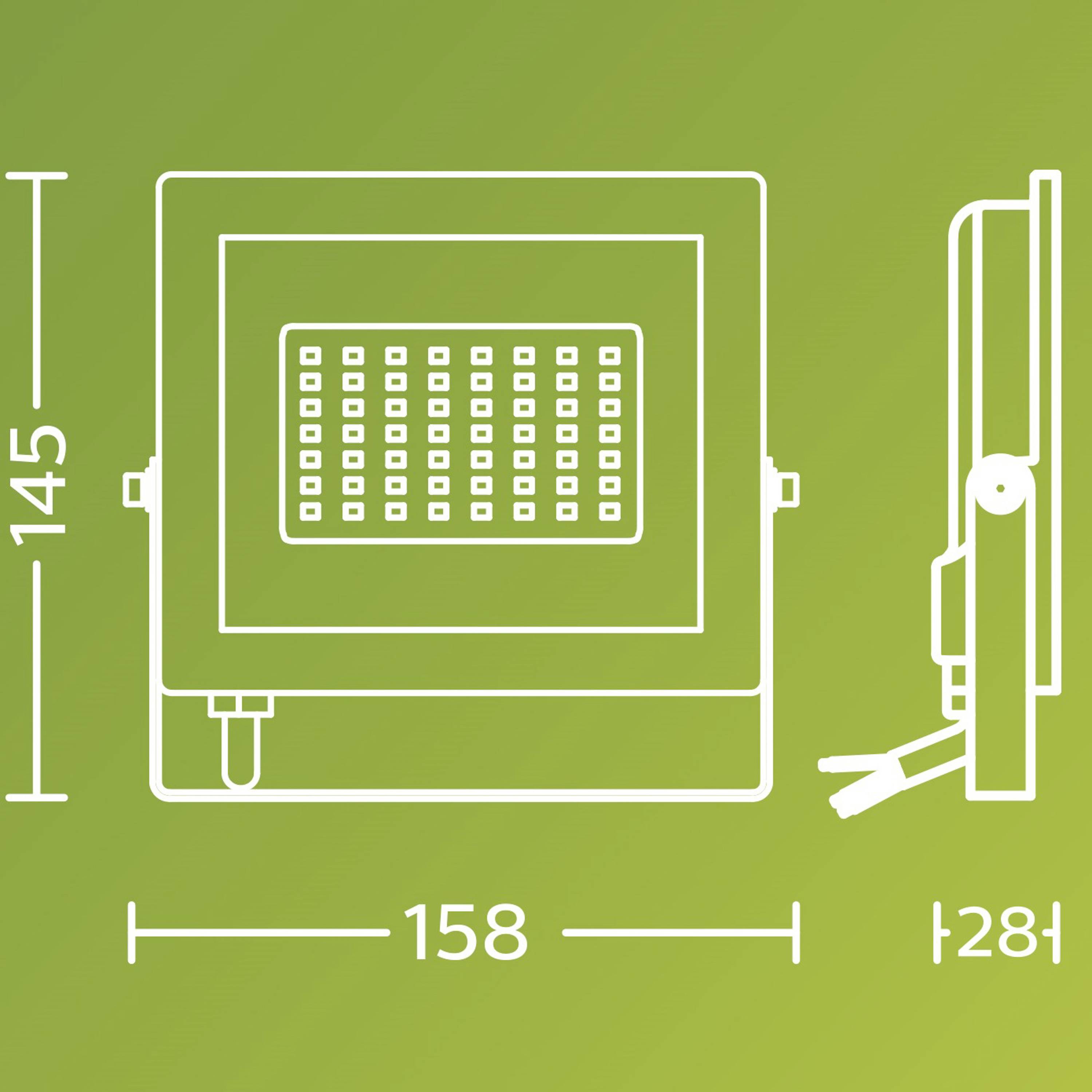 Dessin technique d'un projecteur LED rectangulaire. Hauteur : 145 mm, largeur : 158 mm, profondeur : 128 mm, sur fond vert.