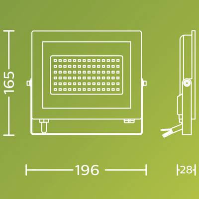 Esquisse d'un projecteur LED avec les dimensions suivantes : 165 mm de hauteur, 196 mm de largeur, 28 mm de profondeur. Le projecteur présente un design rectangulaire.