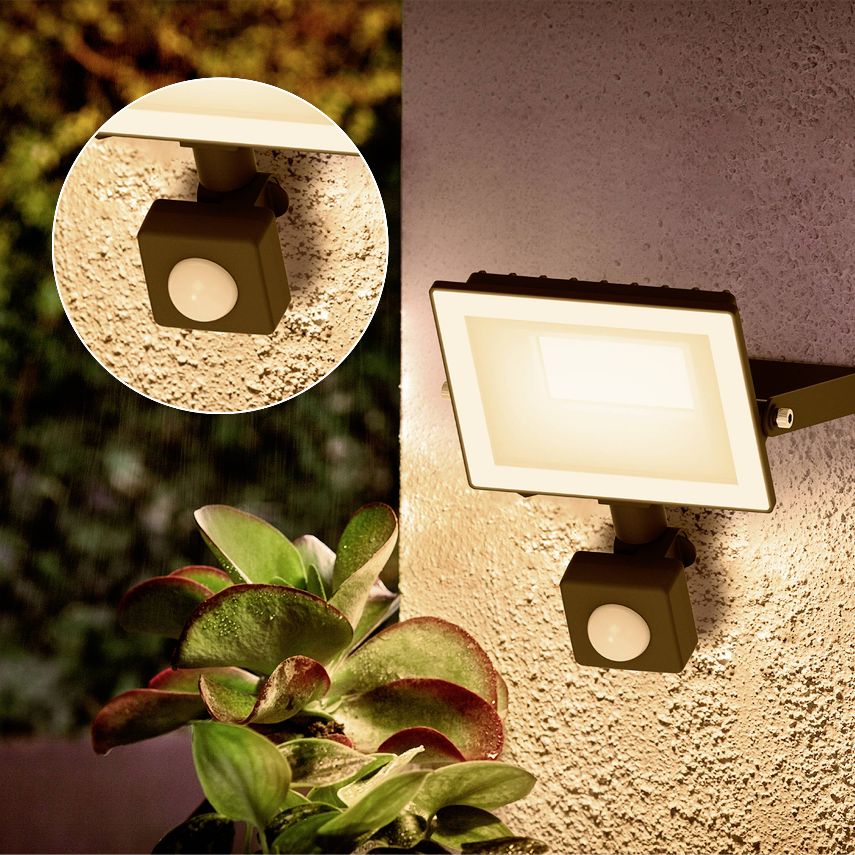 Applique murale extérieure avec détecteur de mouvement, éclairée la nuit. Un gros plan montre une lampe rectangulaire fixée au mur de la maison, illuminant les plantes au premier plan.