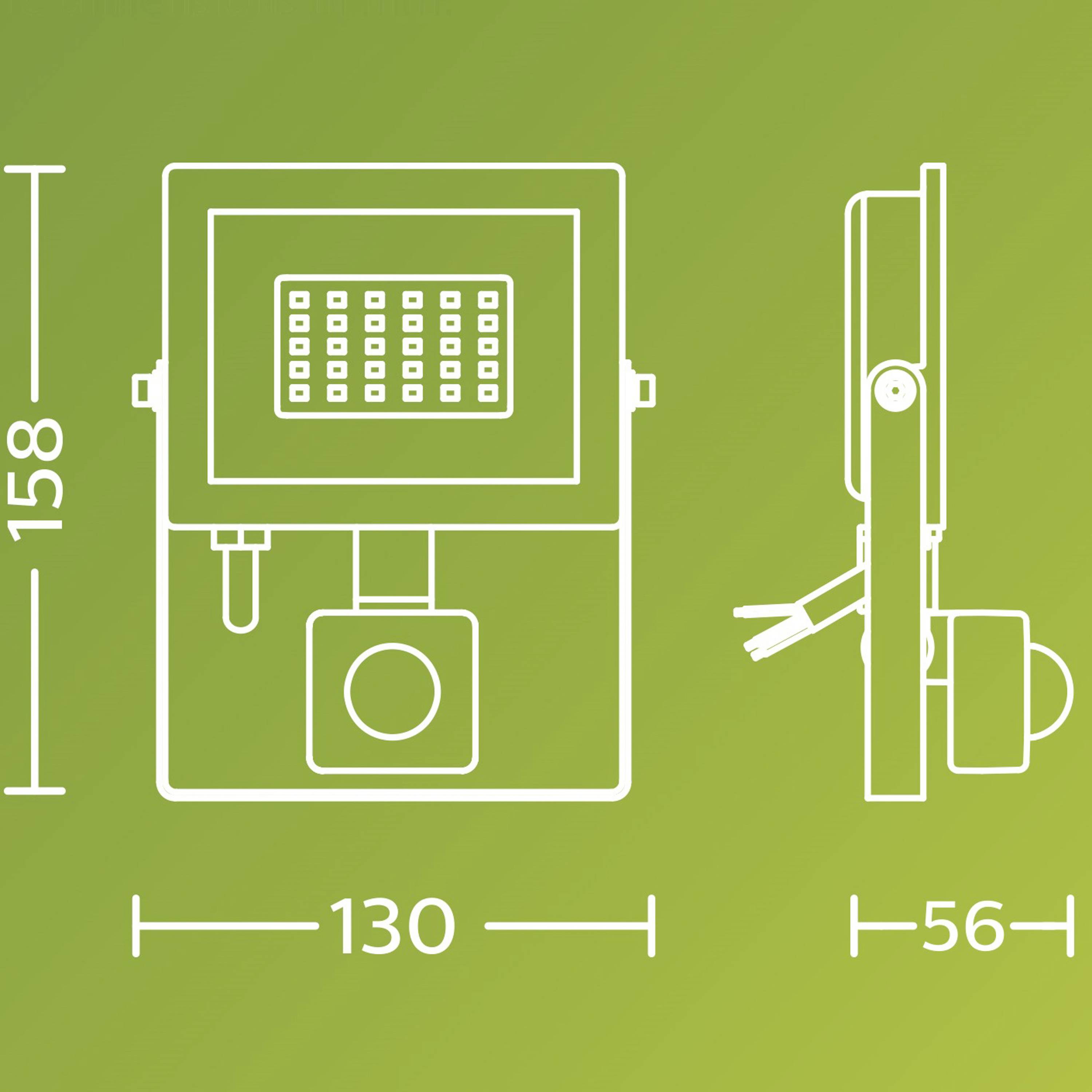 Dessin technique d'un appareil rectangulaire sur fond vert. Vue de face : hauteur 158, largeur 130. Vue latérale : profondeur 56.