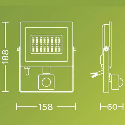 Illustration d'un projecteur avec dimensions : hauteur 188 mm, largeur 158 mm, profondeur 60 mm. Vue de face et vue latérale présentées.