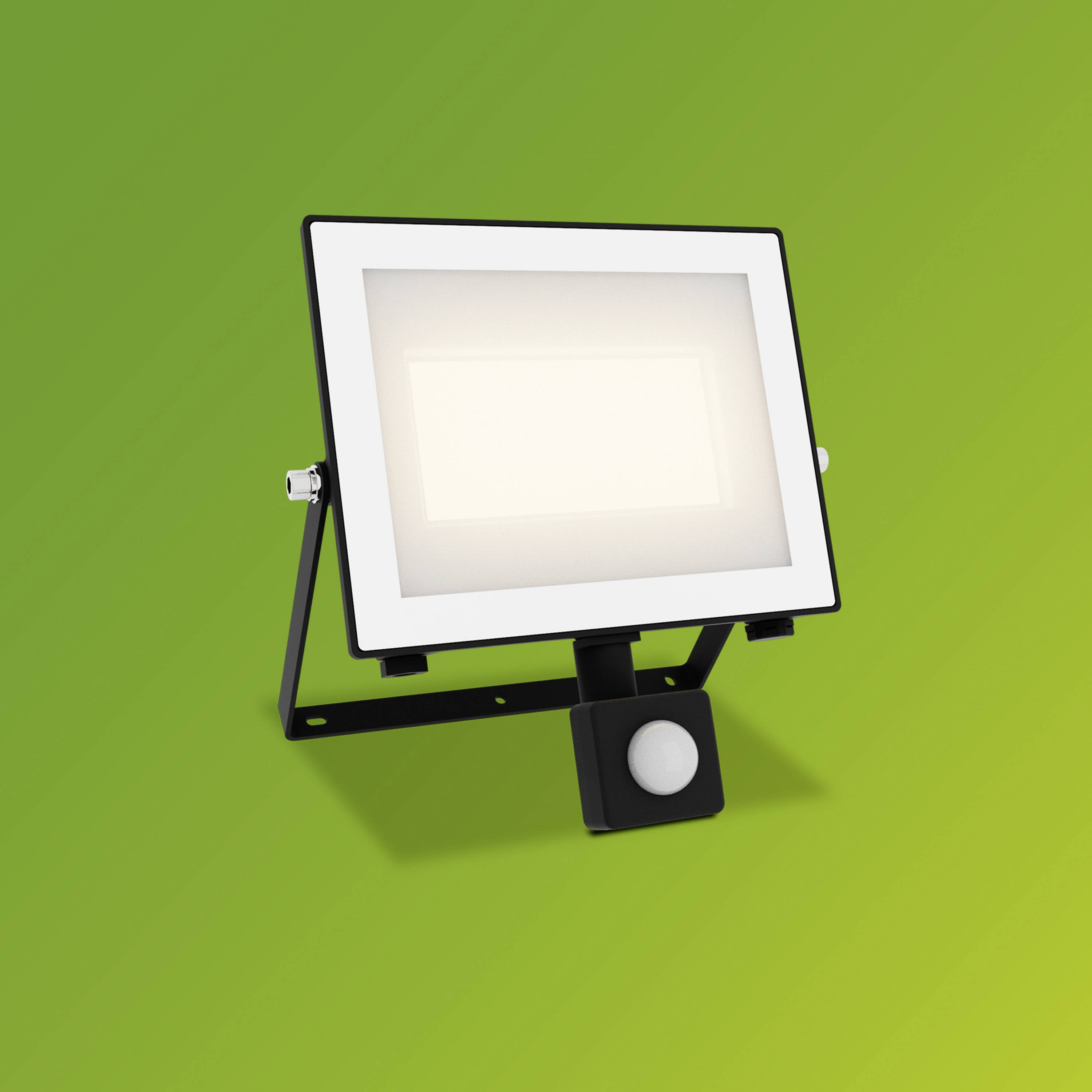 Un projecteur LED rectangulaire avec détecteur de mouvement sur un fond vert.